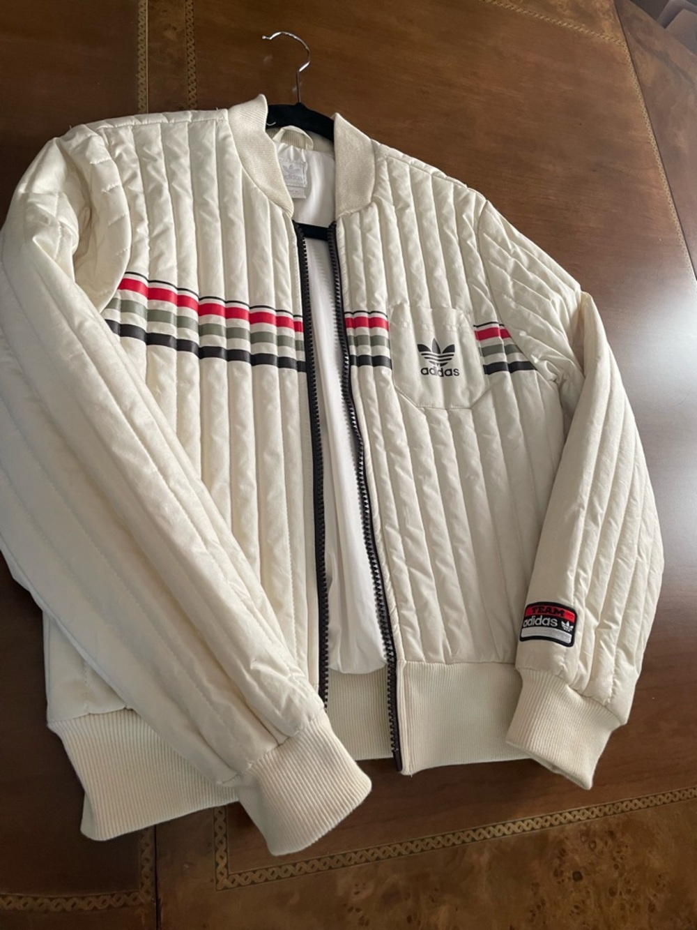 Adidas women’s Cream Quilted Bomber Jacket with Stripe Detail